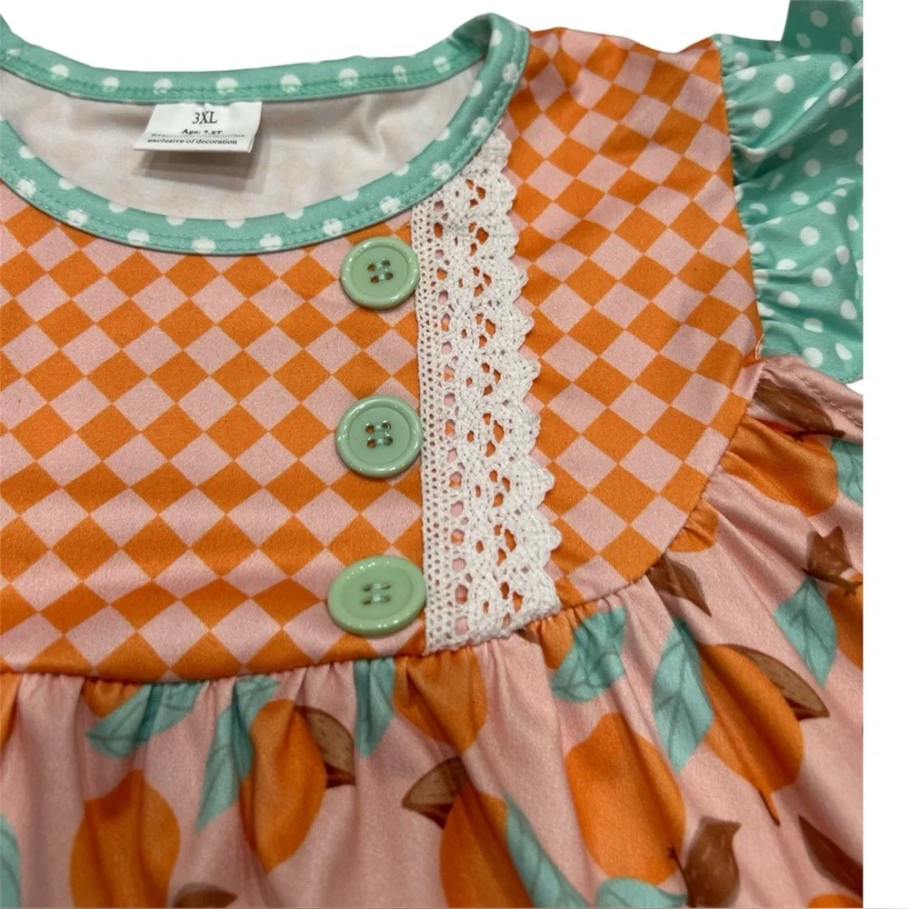 3XL(7-8 girls) Boutique Ruffle Pants Peach Print Dress & Polka Dot shorts
